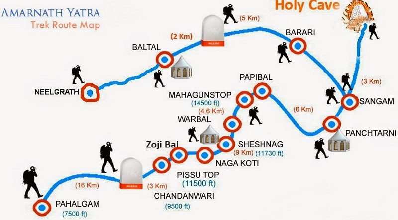 trek route map of amarnath yatra pahalgam to amarnath cave and baltal to holy cave