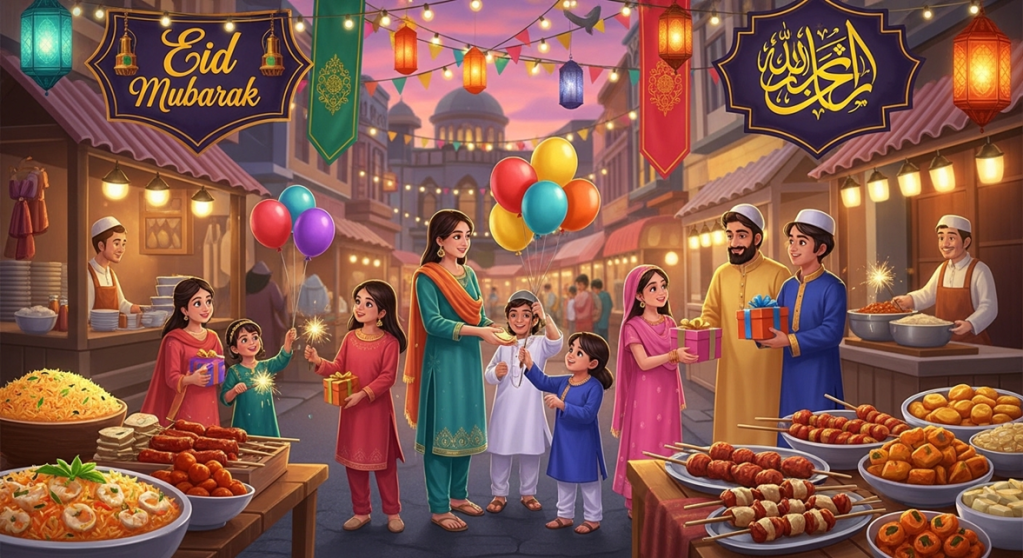 A colorful illustration of a festive street market decorated with lanterns and banners reading “Eid Mubarak.” Families dressed in traditional clothing stand together holding balloons, sparklers, and gift boxes. Food stalls display dishes such as biryani, kebabs, sweets, and fried snacks. The scene is warm and lively, with glowing lights and a mosque visible in the background at sunset.