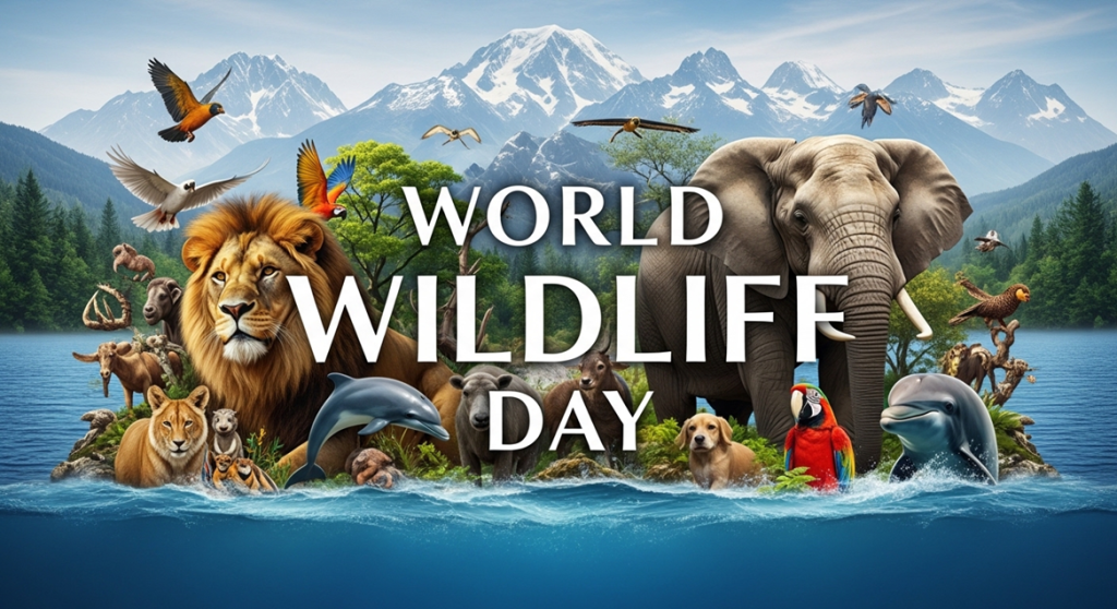 A vibrant “World Wildlife Day” poster featuring a diverse group of animals in a natural landscape. In the foreground, a lion, elephant, dolphins, a parrot, a dog, a sheep, and other animals stand and swim near a body of water. Birds fly overhead. Snow-capped mountains rise in the background above a lush green forest. The large white text “WORLD WILDLIFE DAY” is centered prominently across the image.