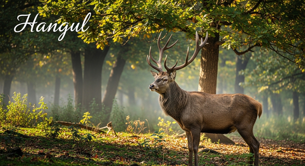 A mature Hangul (Kashmir stag) with large branching antlers stands in a sunlit forest clearing. Soft morning light filters through green-leaved trees, illuminating fallen leaves and low plants on the ground. The word “Hangul” appears in white script in the top left corner of the image.