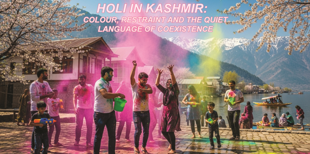 A vibrant Holi celebration taking place in Kashmir by a lakeside with snow-capped mountains in the background. In the foreground, a group of men, women, and children are joyfully throwing bright pink, yellow, and green colored powder into the air. Some participants are dancing with raised hands, while others hold buckets and water guns filled with colored water. Traditional-style houses and blooming trees frame the left side of the scene, suggesting springtime. On the right, people sit near the water, and a small wooden boat floats on the lake.

At the top of the image, large pink text reads:
“HOLI IN KASHMIR: COLOUR, RESTRAINT AND THE QUIET LANGUAGE OF COEXISTENCE.”