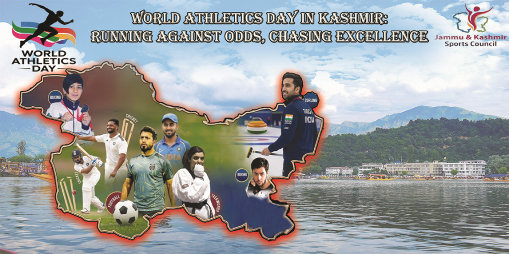 Young athletes training on a running track in Kashmir during World Athletics Day celebrations, symbolizing resilience, determination and the growing spirit of athletics despite limited sports infrastructure.