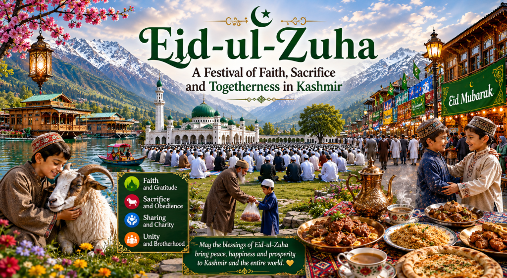 A vibrant landscape poster celebrating Eid-ul-Zuha in Kashmir featuring snow-covered mountains serene lakes traditional Kashmiri architecture and a large gathering for Eid prayers near a grand mosque. The artwork includes families sharing food children greeting each other sacrificial animals and traditional Kashmiri dishes like Rogan Josh and Kahwa. Decorative lanterns floral elements and festive banners enhance the spiritual atmosphere. All typography appears in Hindi with an Urdu and Kashmiri inspired artistic style conveying themes of faith sacrifice brotherhood and togetherness.
