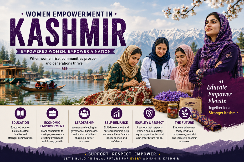 A landscape educational poster highlighting women empowerment in Kashmir. The design features confident Kashmiri women representing education, entrepreneurship, leadership, handicrafts, and community development against the backdrop of Kashmir’s scenic mountains and Dal Lake. The poster includes sections on education, economic empowerment, leadership, challenges, and future opportunities for women, emphasizing equality, self-reliance, and social progress. Traditional Kashmiri cultural elements, embroidery work, and local craftsmanship are showcased, symbolizing the vital role of women in building a stronger and more inclusive Kashmir.