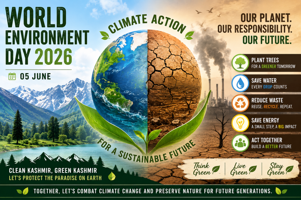 Landscape World Environment Day 2026 poster featuring a split Earth showing a healthy green environment on one side and a drought-stricken polluted landscape on the other. Snow-capped Kashmir mountains, forests, rivers, and climate action messages emphasize environmental conservation and sustainability.