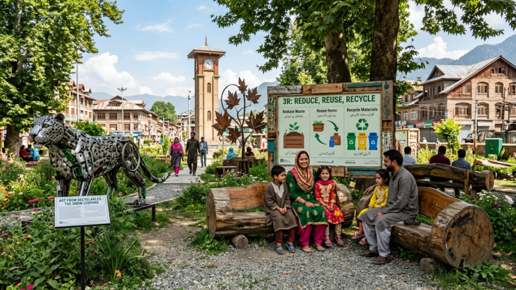 A vibrant eco-friendly public garden in Srinagar showcasing the Swachh Bharat 3R concept of Reduce Reuse Recycle. Families relax on benches made from recycled wooden logs while a large educational display explains waste reduction reuse and recycling practices. A striking snow leopard sculpture crafted from recycled metal stands among colorful flowers and lush greenery. The historic Ghanta Ghar clock tower rises in the background with traditional Kashmiri architecture and mountains visible beyond. The garden highlights environmental conservation sustainable living and creative reuse of waste materials in an attractive urban setting.