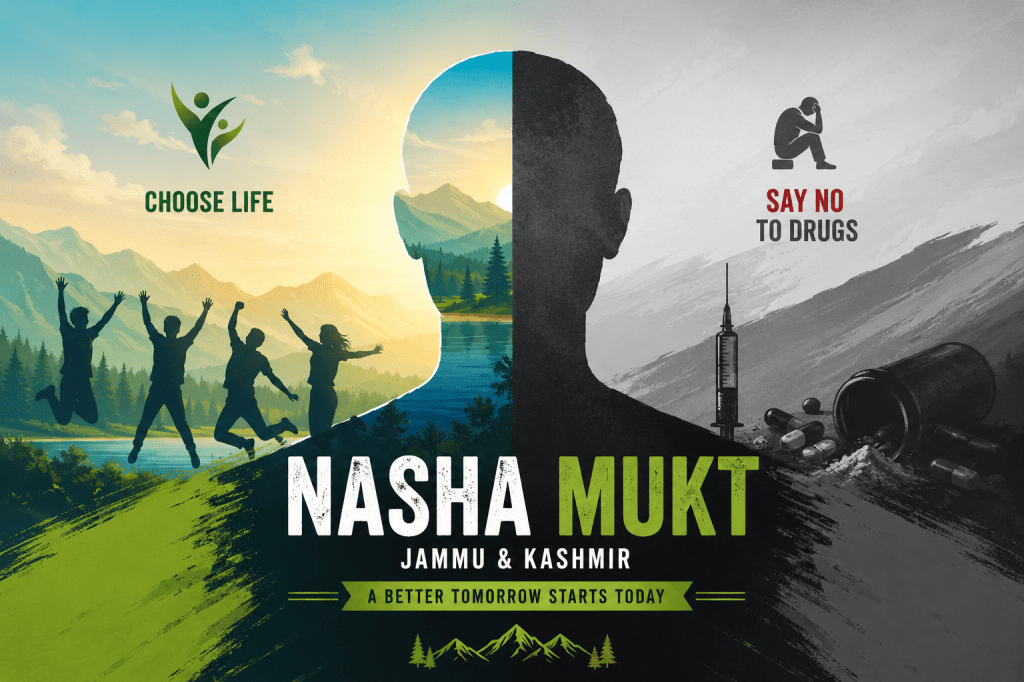 Landscape anti-drug awareness poster showing a split silhouette between a bright, hopeful future and a dark drug-affected reality. Youths celebrate in a scenic Kashmir landscape on one side, while drug-related imagery appears on the other, promoting a drug-free Jammu and Kashmir.