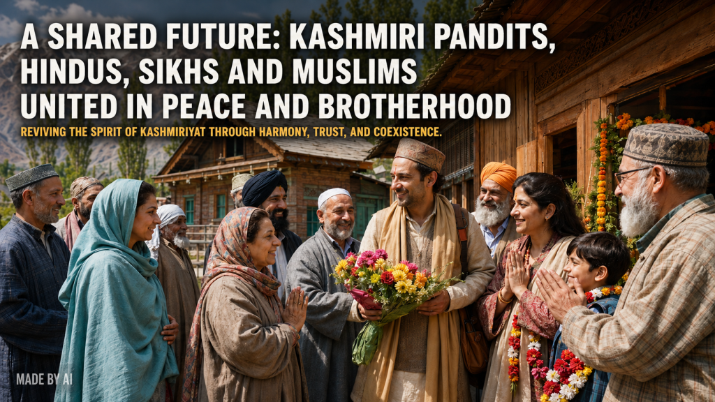 A heartwarming scene in a traditional Kashmiri village shows Kashmiri Pandits, Hindus, Sikhs, and Muslims gathered together in an atmosphere of peace and brotherhood. Community members warmly welcome a returning family with flowers and smiles, symbolizing reconciliation, coexistence, and the enduring spirit of Kashmiriyat. Surrounded by wooden houses, lush greenery, and snow-capped mountains, the image highlights unity, shared heritage, and hope for a harmonious future in Kashmir. The headline reads, “A SHARED FUTURE: KASHMIR'S ENDURING SPIRIT OF UNITY AND COEXISTENCE.”
