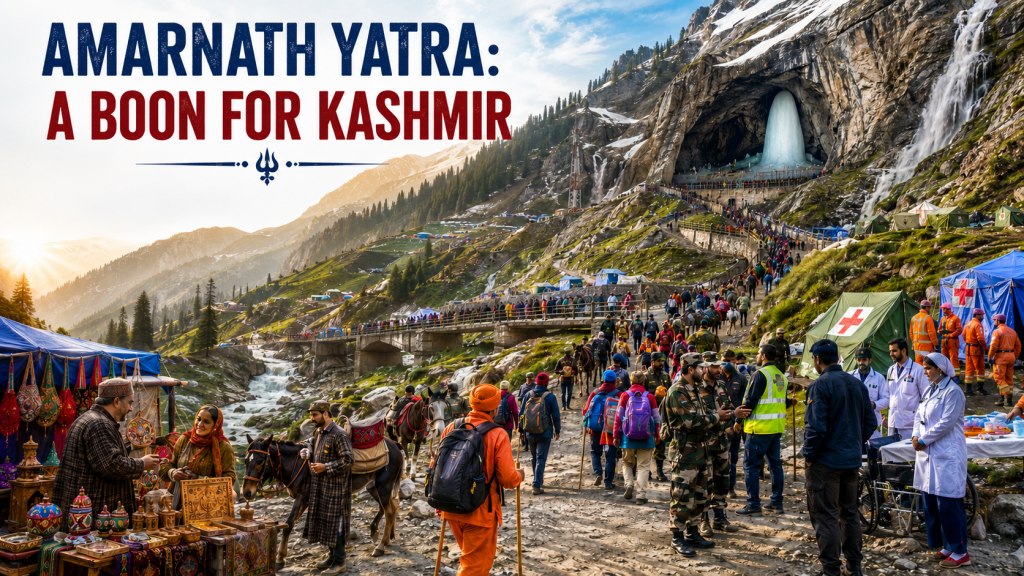 A panoramic editorial-style image of the Amarnath Yatra showing pilgrims trekking toward the sacred Amarnath Cave in the Himalayas while local Kashmiri vendors, security personnel, medical teams and volunteers support the pilgrimage, symbolizing faith, tourism, economic growth and harmony in Kashmir.