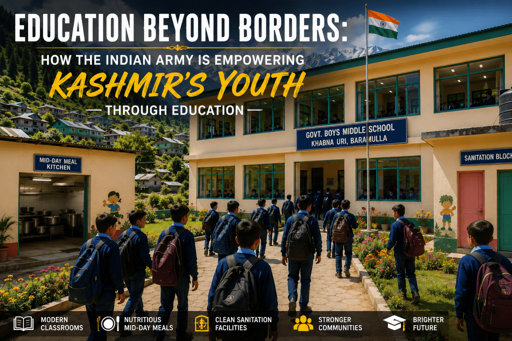 Students walk toward the newly upgraded Government Boys Middle School in Khabna, Uri, Baramulla, featuring modern classrooms, a Mid-Day Meal kitchen and sanitation facilities, symbolizing the Indian Army's support for education and youth development in Jammu and Kashmir.