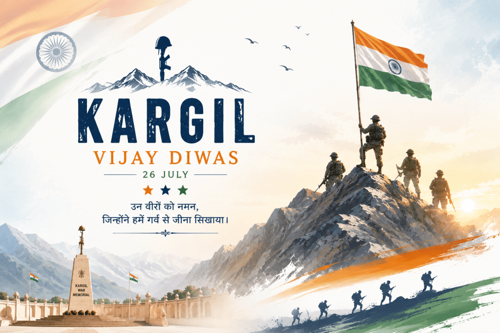 A minimalist commemorative poster for Kargil Vijay Diwas featuring Indian soldiers standing atop a rugged mountain peak, one hoisting the Indian national flag against a soft golden sunrise. Snow-capped Himalayan mountains stretch across the background, while the Kargil War Memorial appears in the lower left. Gentle saffron, white, and green brushstrokes frame the composition, creating a clean and elegant patriotic design. The poster prominently displays the text "Kargil Vijay Diwas – 26 July" along with the Hindi tribute, "उन वीरों को नमन, जिन्होंने हमें गर्व से जीना सिखाया।" The overall color palette is light, warm, and respectful, symbolizing courage, sacrifice, and national pride.