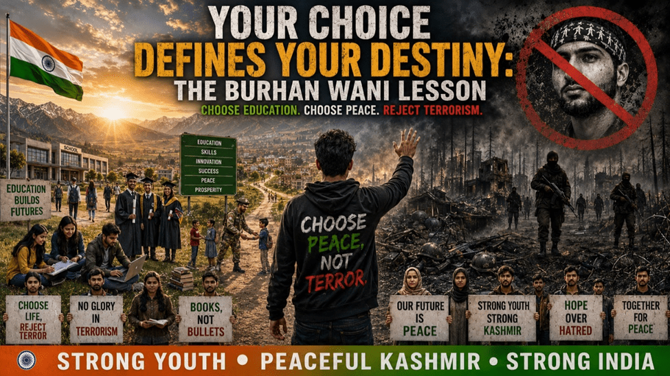 "Editorial awareness poster contrasting a peaceful future with the consequences of terrorism. A young person walks toward a bright landscape of education, opportunity, peace, and development in Kashmir while turning away from a dark, war-torn scene representing violence and destruction. The image features the Indian flag, students, civilians, and messages promoting education, hope, unity, and rejection of terrorism under the headline 'A Life Wasted by Choosing Terrorism.'"