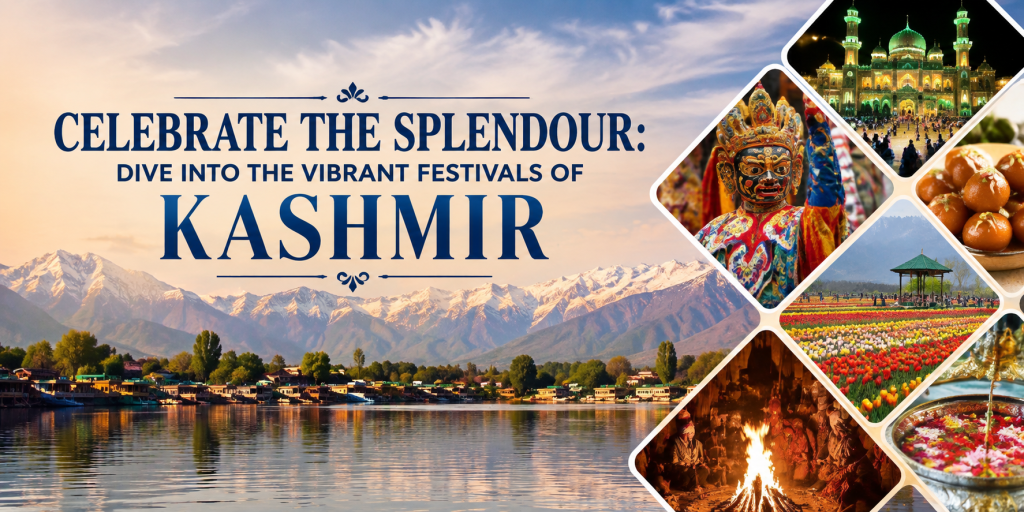 Kashmir landscape showcasing vibrant cultural and religious festivals through mosque celebrations, traditional performances, tulip gardens and festive gatherings.