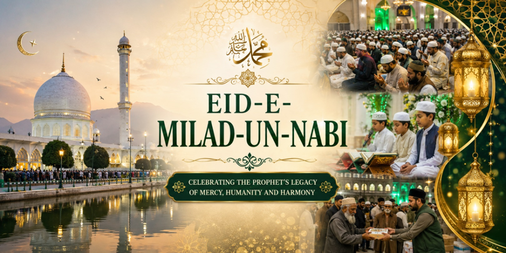 Eid-e-Milad-un-Nabi celebration poster featuring a grand mosque, worshippers offering prayers, children reading the Quran, Islamic lanterns, and Arabic calligraphy symbolising the Prophet Muhammad’s legacy of mercy, humanity and harmony.