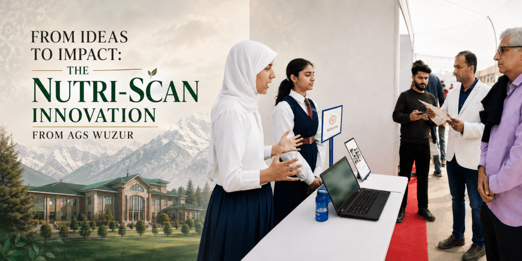 AGS Wuzur students present their Nutri-Scan food-label innovation at an exhibition, with a Kashmir mountain backdrop and a school campus featured in the editorial design.