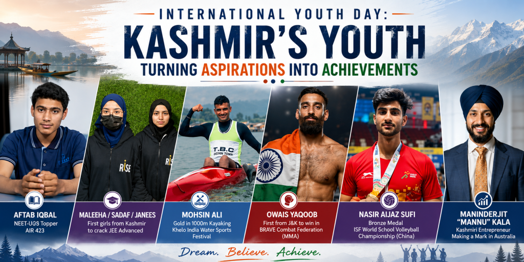International Youth Day poster featuring young Kashmiri achievers from education, sports, MMA, volleyball and entrepreneurship