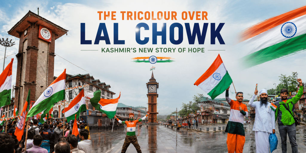 Lal Chowk Srinagar adorned with the Indian Tricolour, symbolising Kashmir’s new story of hope, peace, development and national unity.