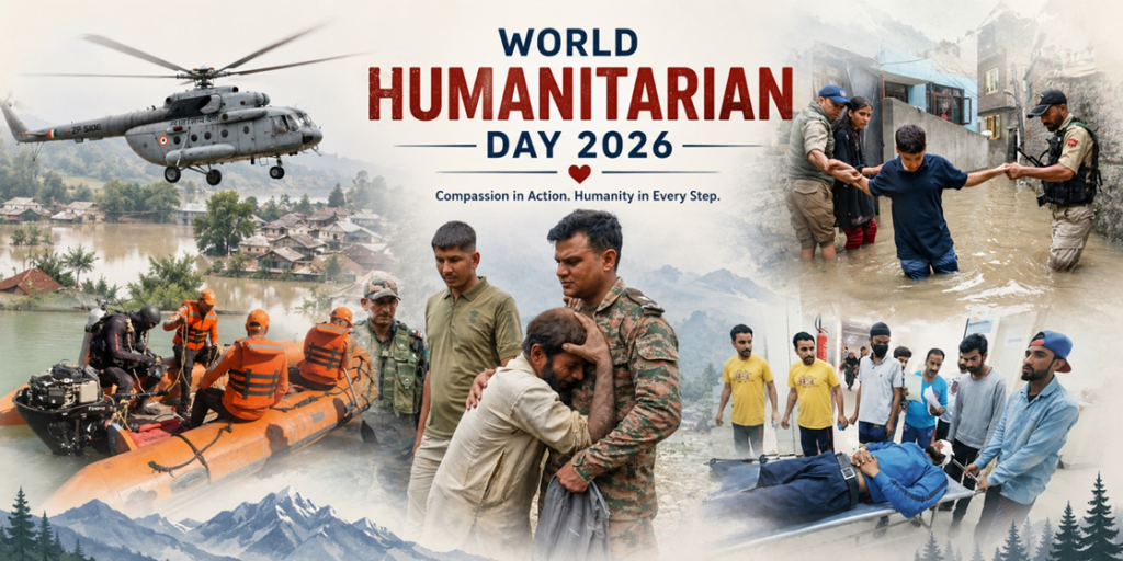 World Humanitarian Day 2026 poster depicting humanitarian rescue and relief efforts in Kashmir, including an Indian Air Force helicopter, flood rescue teams, security personnel assisting civilians, medical evacuation, and mountain landscapes.