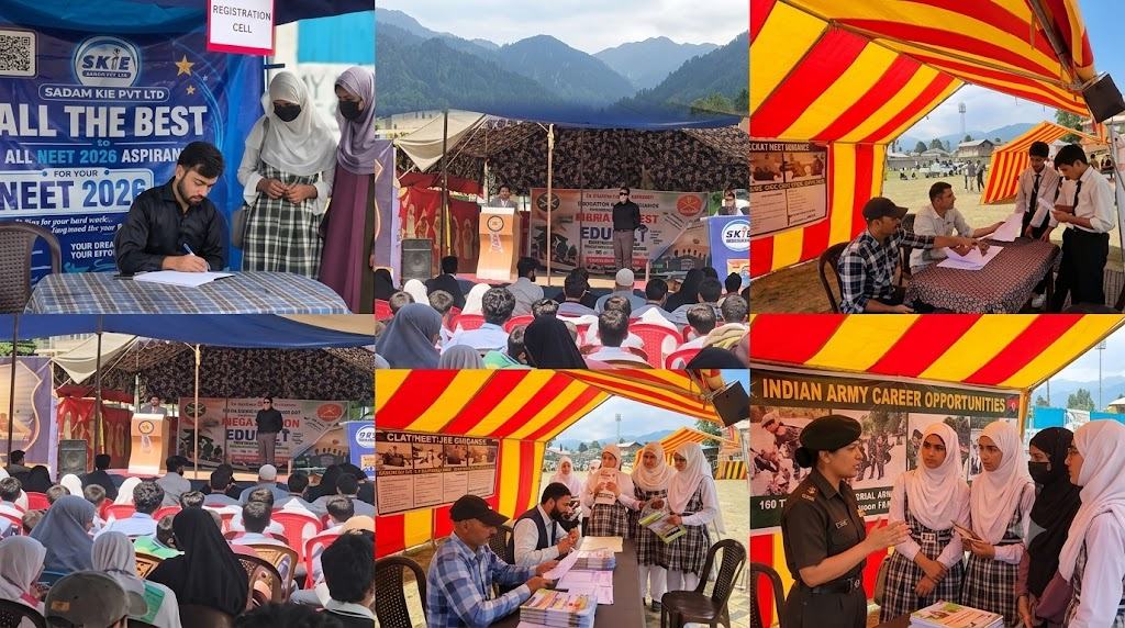A group of students interacting at a career guidance event in a scenic outdoor setting, with mountains in the background.