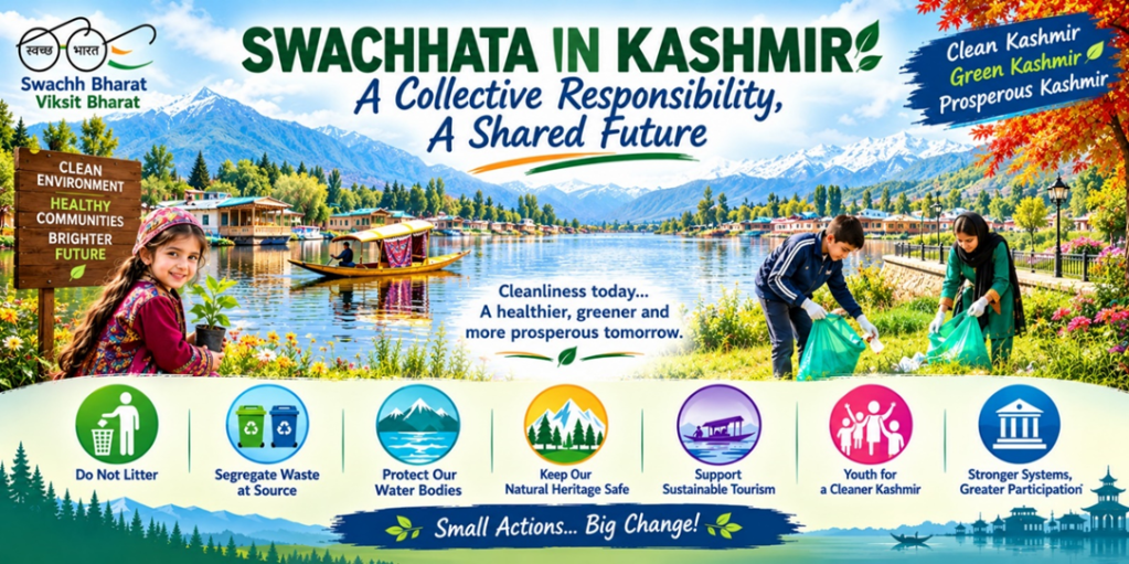 The vision of a clean and developed India begins with the participation of every citizen. The spirit of “Swachhata Mein Sahbhag, Swachh Bharat, Viksit Bharat” goes beyond cleanliness drives and awareness campaigns. It calls for a sustained culture of responsibility, participation and collective action in which every individual recognises their role in creating a cleaner, healthier and more sustainable society. In Kashmir, where the environment, tourism, livelihoods and community life are closely interconnected, this message carries a special significance. Swachhata is not merely about keeping our surroundings clean, it is about protecting the natural wealth of the region and creating an environment in which communities can prosper.
Kashmir is renowned for its lakes, rivers, mountains, forests, meadows and wetlands, which form an integral part of its identity and economy. From Dal Lake and the Jhelum to the picturesque landscapes that attract visitors throughout the year, this natural heritage is both a privilege and a responsibility. Its preservation cannot be left to government agencies alone. Every citizen, visitor, business, institution and community have a role to play in ensuring that Kashmir remains clean, healthy and environmentally sustainable. The beauty of Kashmir can be preserved only when appreciation is accompanied by responsible action.
The true spirit of Swachhata lies in making cleanliness a habit rather than treating it as an occasional activity. A cleanliness drive may remove waste from a particular place on a particular day, but lasting change begins when people stop littering, segregate waste, dispose of it responsibly and encourage others to do the same. For Kashmir, such behavioural change is emergency because of the sensitivity of its ecological environment. Plastic waste and indiscriminate dumping can affect public spaces, landscapes and fragile ecosystems. Preventing waste from entering the environment is therefore, as important as removing it.
Kashmir’s lakes, rivers, streams and wetlands deserve special attention in this collective effort. These water bodies are not only ecological assets but are also closely linked with tourism, livelihoods and the overall well-being of the region. Keeping them clean requires responsible action at every level. Waste should never be allowed to enter water bodies or accumulate along their banks. Communities living around these natural resources can become active partners in their protection, while visitors can contribute by respecting the environmental sensitivity of the destinations they visit. Protecting Kashmir’s water bodies today is an investment in its ecological and economic future.
Cleanliness is also closely connected with tourism. Visitors come to Kashmir to experience its natural beauty, culture and hospitality. Clean streets, well-maintained public spaces and litter-free tourist destinations enhance that experience, while unmanaged waste can undermine it. Tourists can contribute by avoiding littering, using designated waste facilities and reducing unnecessary plastic use. Hotels, restaurants, shopkeepers, transport operators and other tourism stakeholders can strengthen the effort through responsible waste-management practices. In this way, cleanliness becomes an essential part of sustainable tourism and responsible travel.
The participation of young people can give this movement lasting momentum. Kashmir’s youth can become ambassadors of cleanliness and environmental responsibility in schools, colleges, neighbourhoods and villages. Awareness programmes, cleanliness clubs, community volunteering and responsible use of social media can help transform young people into active participants in building a cleaner future. At the same time, government institutions, municipalities, panchayats and local organisations have an important role in providing effective sanitation infrastructure, waste collection and awareness mechanisms. However, infrastructure can deliver lasting results only when supported by public participation and a genuine sense of ownership.
The deeper meaning of “Swachhata Mein Sahbhag” is therefore collective responsibility. A clean street, a litter-free tourist destination, a protected water body and a well-managed neighbourhood are all the result of countless individual choices. When responsible choices become part of everyday life, cleanliness becomes a culture rather than a campaign. Clean surroundings contribute to healthier communities, protected natural resources and sustainable tourism, while sustainable development creates opportunities for future generations.
For Kashmir, the journey towards development must go hand in hand with the protection of its natural and cultural heritage. Every household can practise waste segregation, every citizen can avoid littering, every visitor can respect the destination they visit, and every institution and business can contribute to responsible waste management. These may appear to be small actions, but collectively they can create meaningful change.
A cleaner Kashmir is therefore not merely about cleaner roads or public spaces. It is about protecting its lakes and rivers, preserving its landscapes, strengthening communities and ensuring that future generations inherit the natural wealth that makes the region unique. When cleanliness becomes a shared responsibility and participation becomes a daily habit, Kashmir can move towards a cleaner, healthier and more sustainable future while contributing meaningfully to the larger vision of a Swachh and Viksit Bharat.
