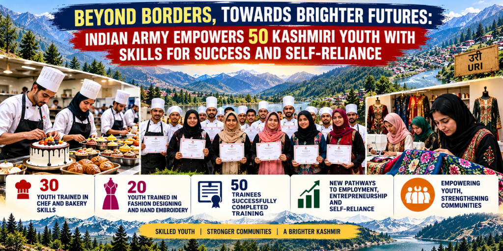 Landscape poster highlighting the Indian Army’s skill development initiative in Uri, Jammu and Kashmir, where 50 Kashmiri youth completed vocational training—30 in chef and bakery skills and 20 in fashion designing and hand embroidery. The image features trainees receiving certificates, culinary activities, traditional Kashmiri embroidery, and scenic mountain landscapes, symbolising youth empowerment, employment opportunities, entrepreneurship, and self-reliance.